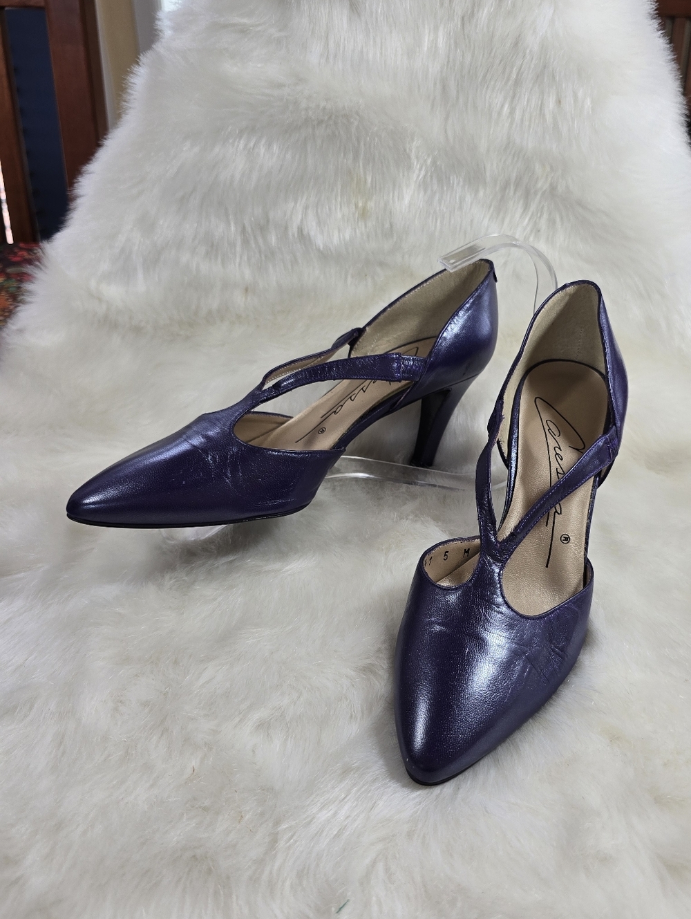 Caressa Purple Pointed-Toe T-Strap Pumps